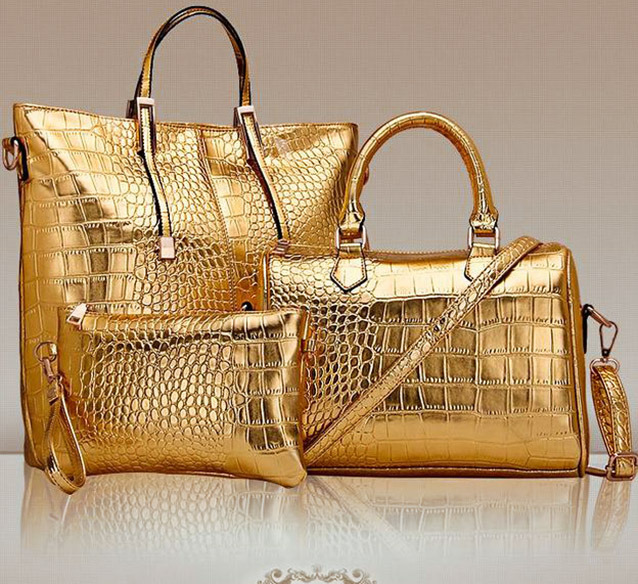 3 PCS Luxe Leather Handbag Set, Large Tote, Shoulder Bag, Clutch Purse Wallet (Gold)