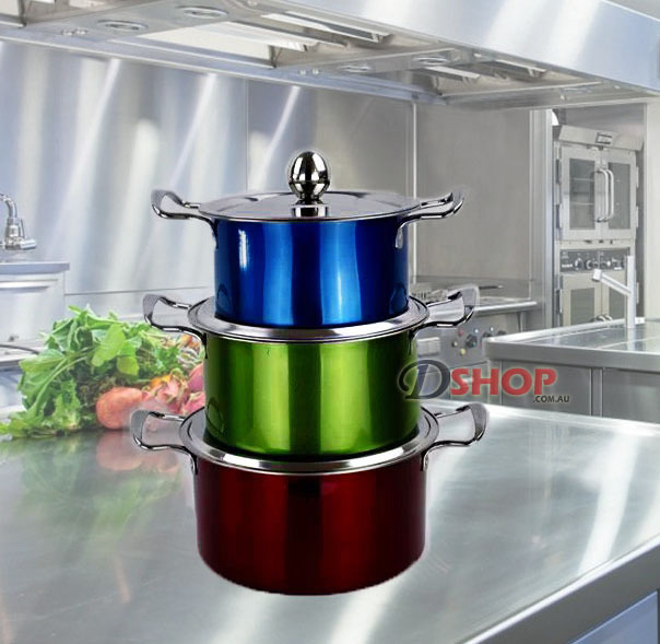 3-Piece Metallic Colourful Stainless Steel Cookware Saucepan Casserole Stock Pots Set