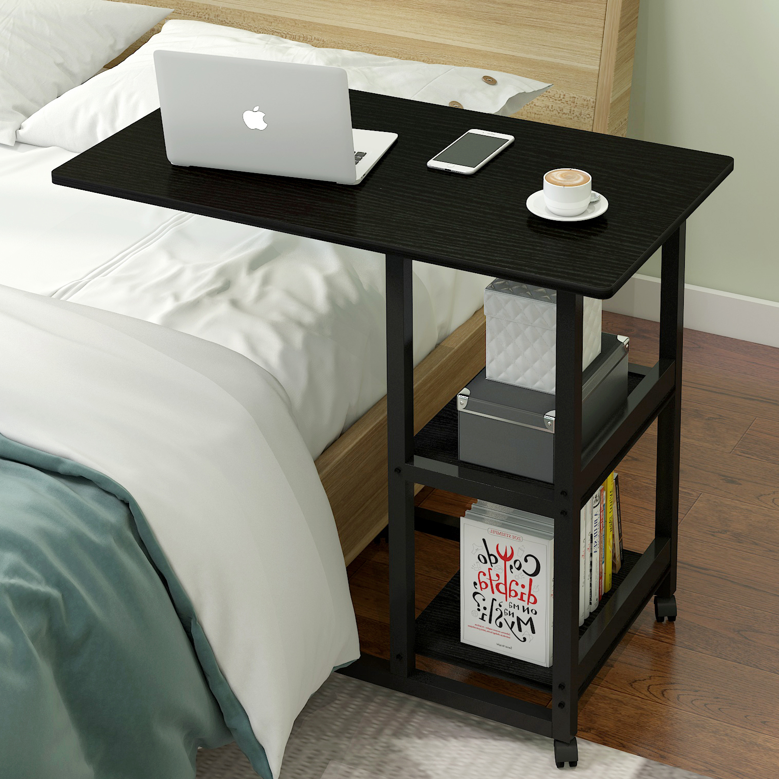 Large Supreme Sofa Bed Side Table Laptop Desk with Shelves & Wheels (Black Walnut)