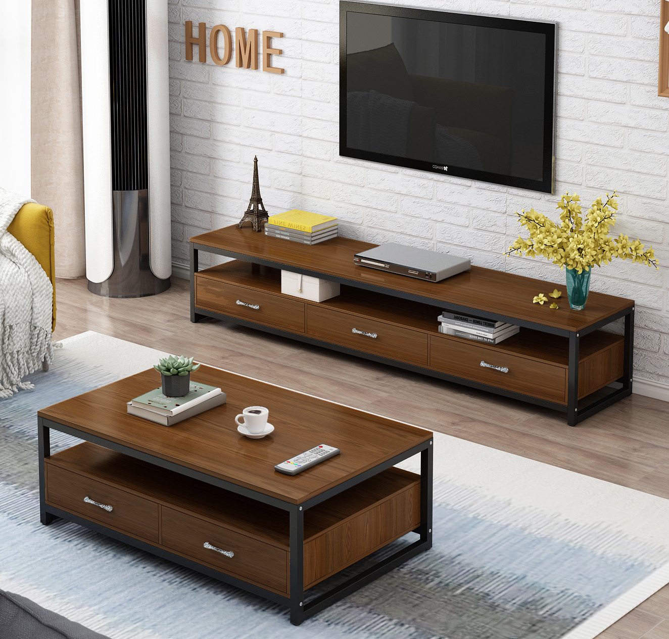 2-Piece Set Athena Coffee Table & TV Cabinet with Drawers (Walnut)