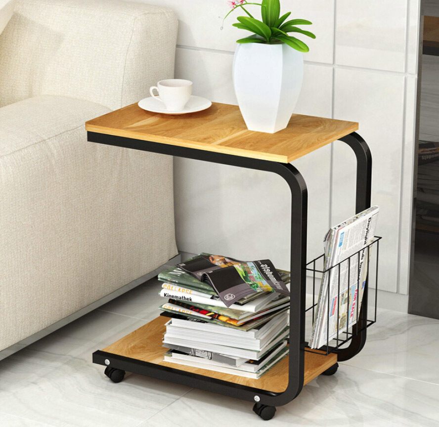 Sofa Bed Side Table Laptop Desk with Magazine Rack and Wheels (Oak)