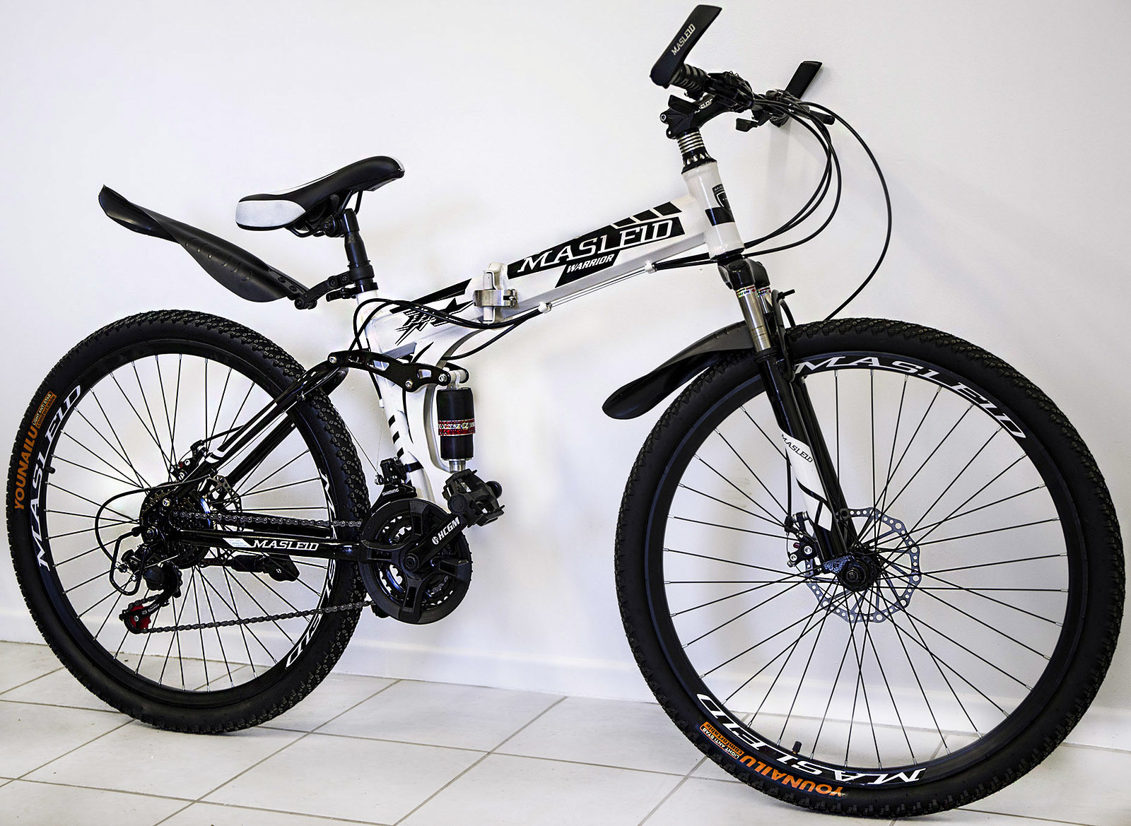 Dual Suspension Foldable 21 Speed Mountain Bike  (White & Black Bicycle)