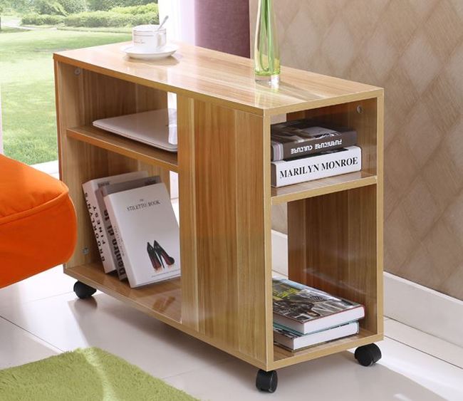 Versatile Sofa Side Table & Magazine Shelf with Casters (Oak)
