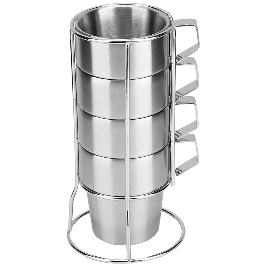 4PC Stainless Steel Camping Cups Mugs Set with Stand 