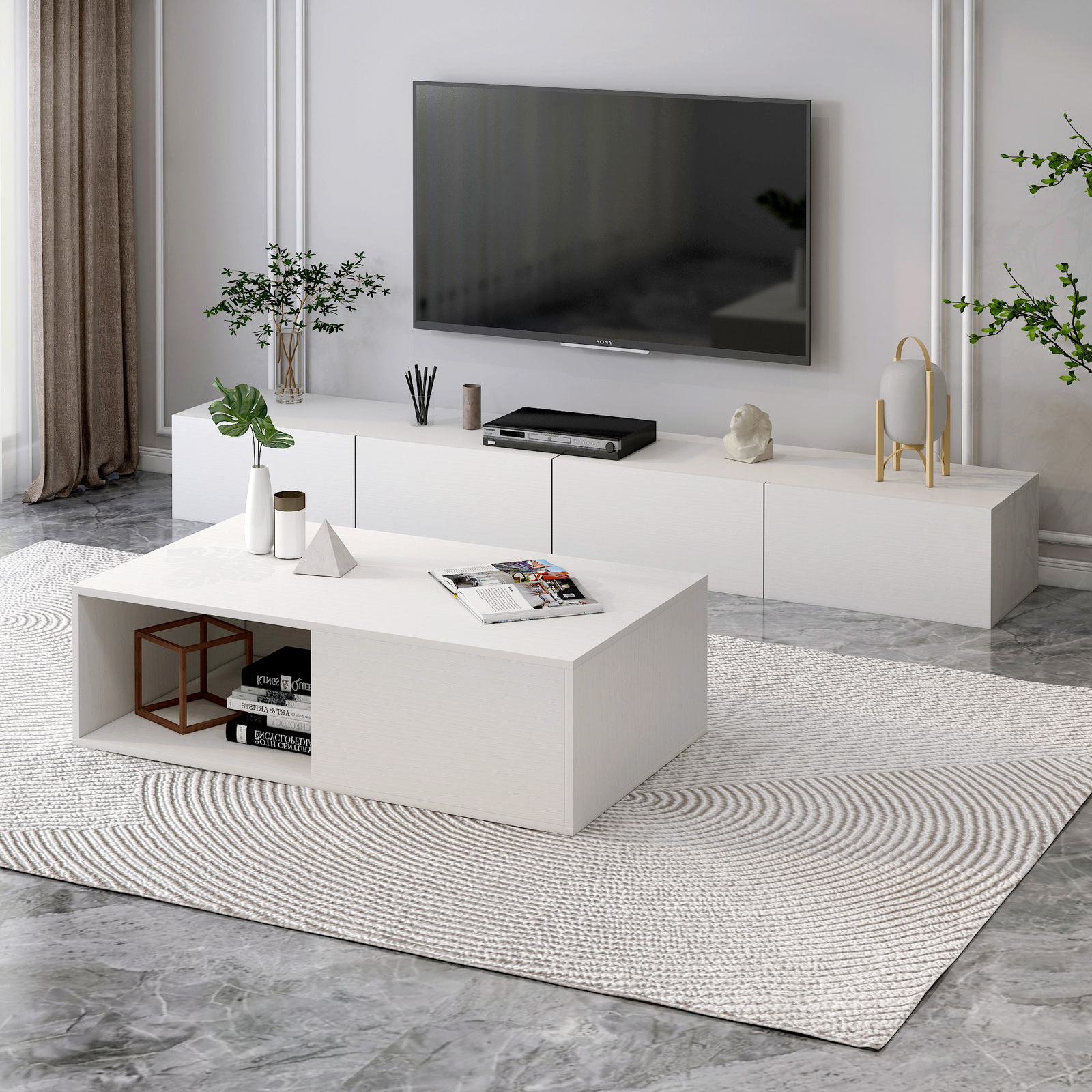 CFDZ CF Furniture Living Room 2 Piece Set Lamp Table TV Stand Modern Simple Practical White+Oak 