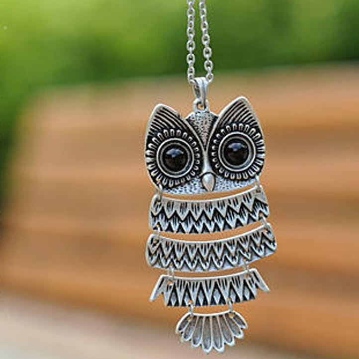 Silver Cute Large Owl Necklace