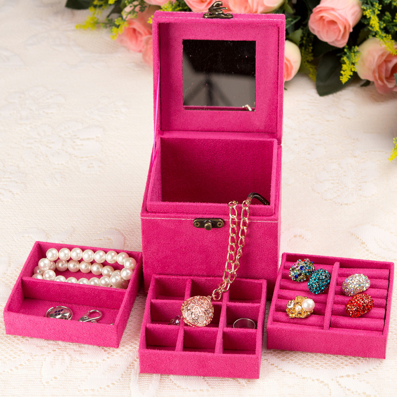 Deluxe Velvet Jewellery Box 3 Level Organiser Hot Pink