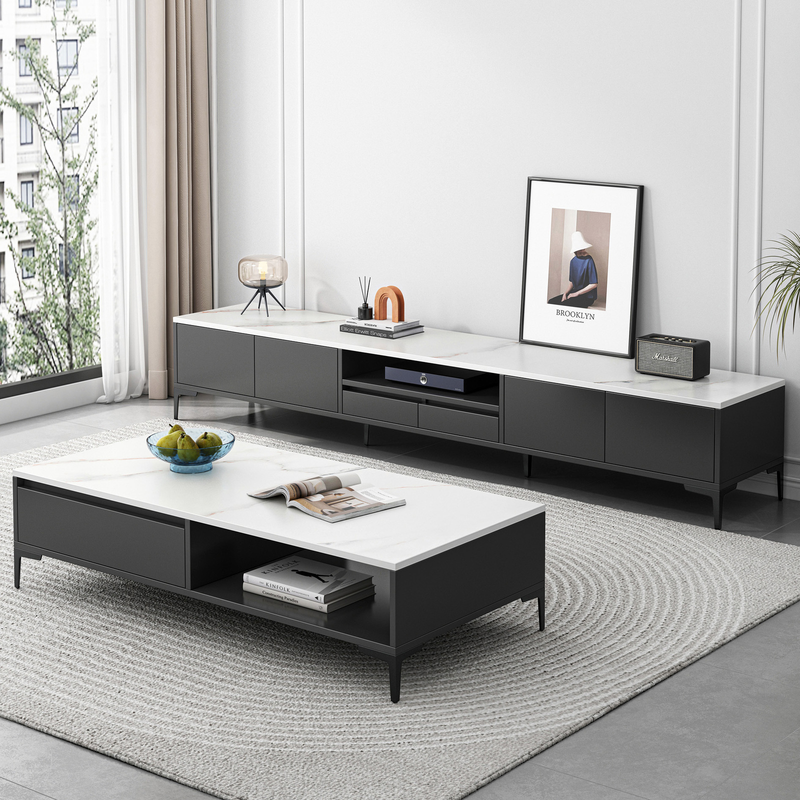 2-Piece Set Minimalist Large Coffee Table & 2m TV Cabinet