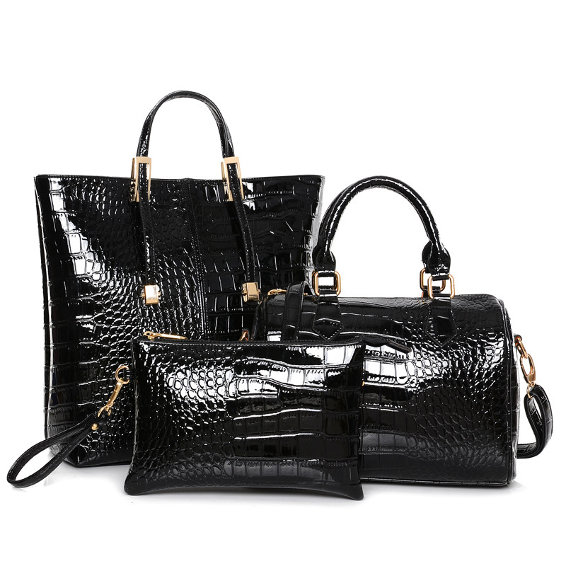3 PCS Luxe Leather Handbag Set, Large Tote, Shoulder Bag, Clutch Purse Wallet (Black)