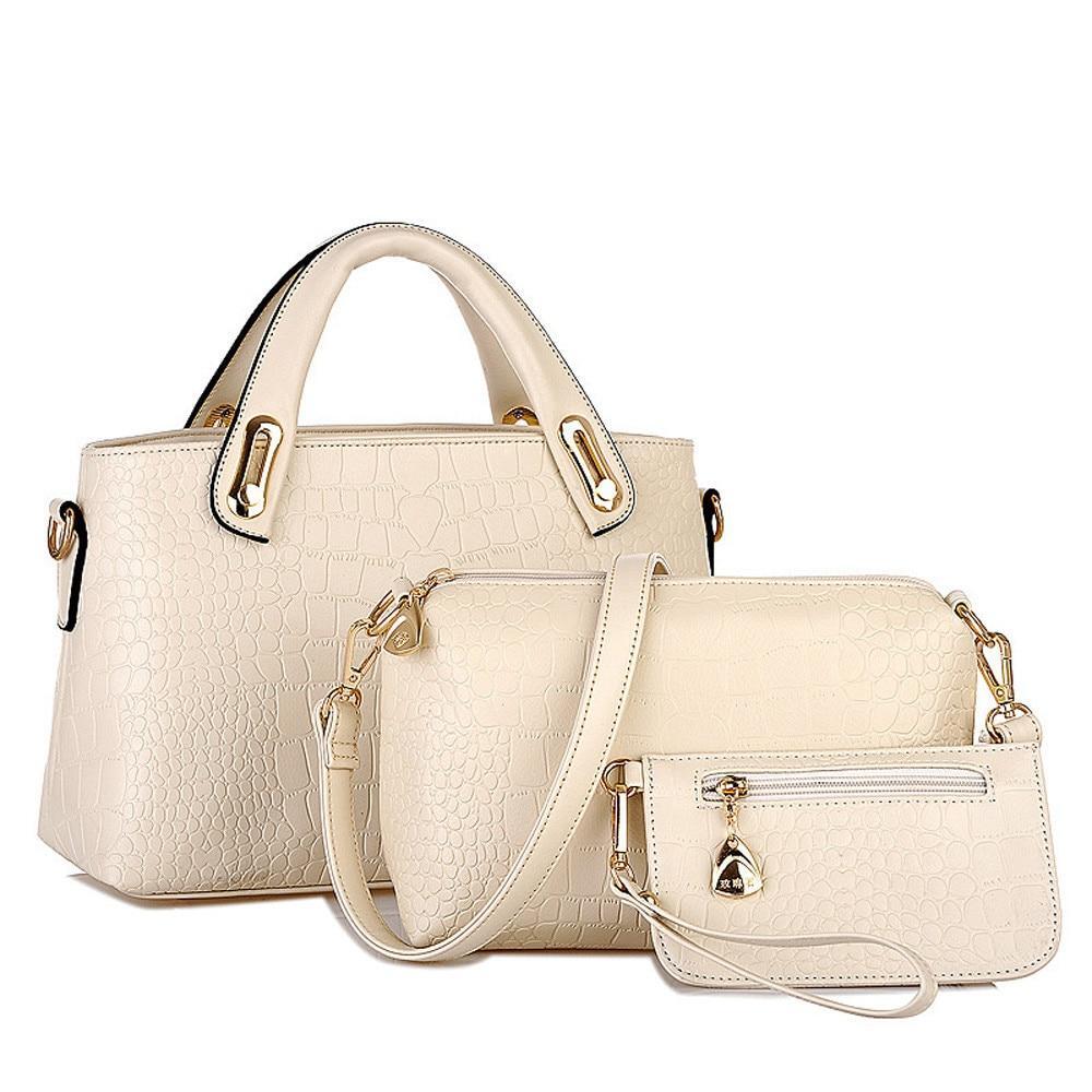 3 Pieces PU Leather Handbag Set, Tote, Shoulder Bag, Clutch Purse Wallet (Cream)