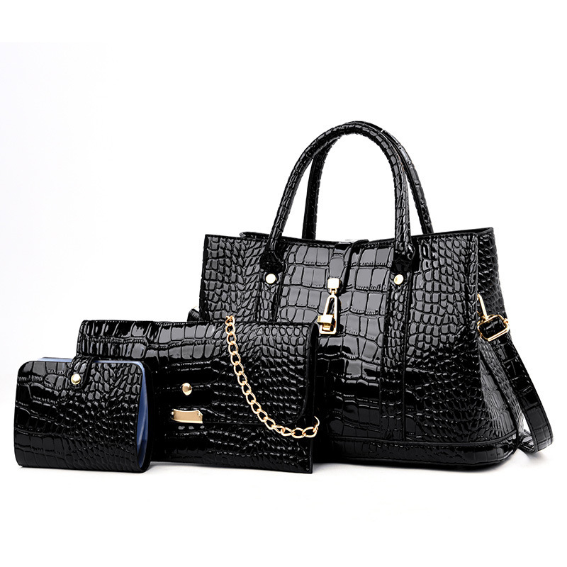 3 PCS Luxe Faux Crocodile Leather Handbag Set, Large Tote, Shoulder Bag, Purse Wallet (Black)