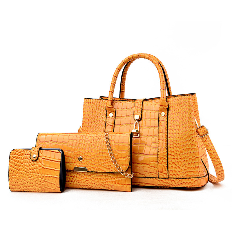3 PCS Luxe Faux Crocodile Leather Handbag Set, Large Tote, Shoulder Bag, Purse Wallet (Yellow)