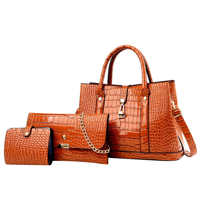 3 PCS Luxe Faux Crocodile Leather Handbag Set, Large Tote, Shoulder Bag, Purse Wallet (Brown)