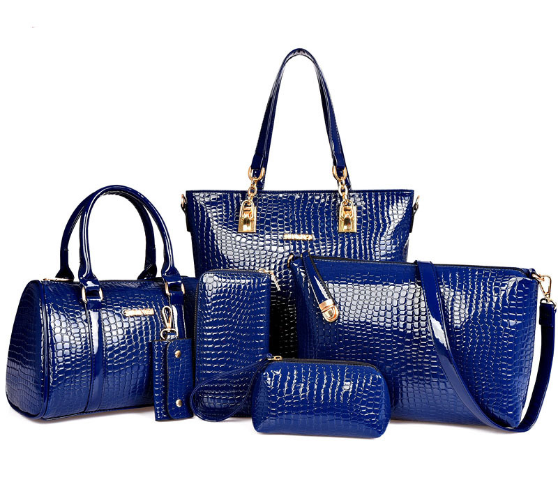 6 Pieces Leather Handbag Set Tote Shoulder Bag Clutch Purse Coin Wallet (Blue)