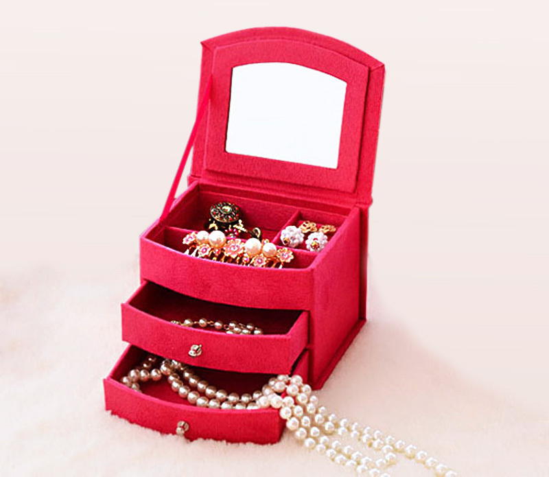 Deluxe Velvet Jewelry Box 3 Level Organiser & Drawers Hot Pink