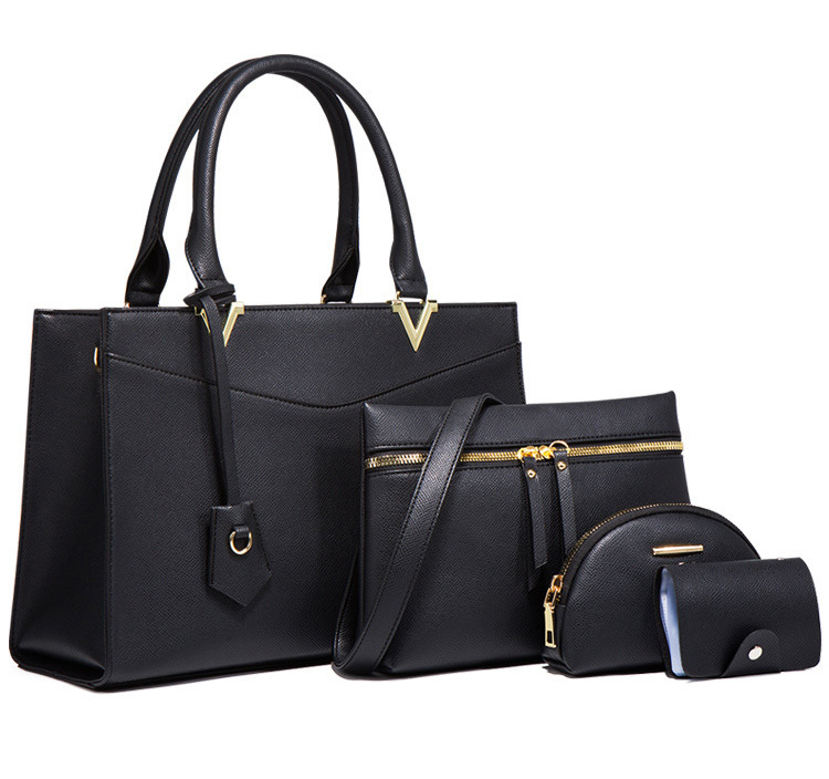 4 PCS Deluxe Faux Leather Handbag Set, Tote, Shoulder Bag, Clutch Purse Wallet & Coin Bag (Black)