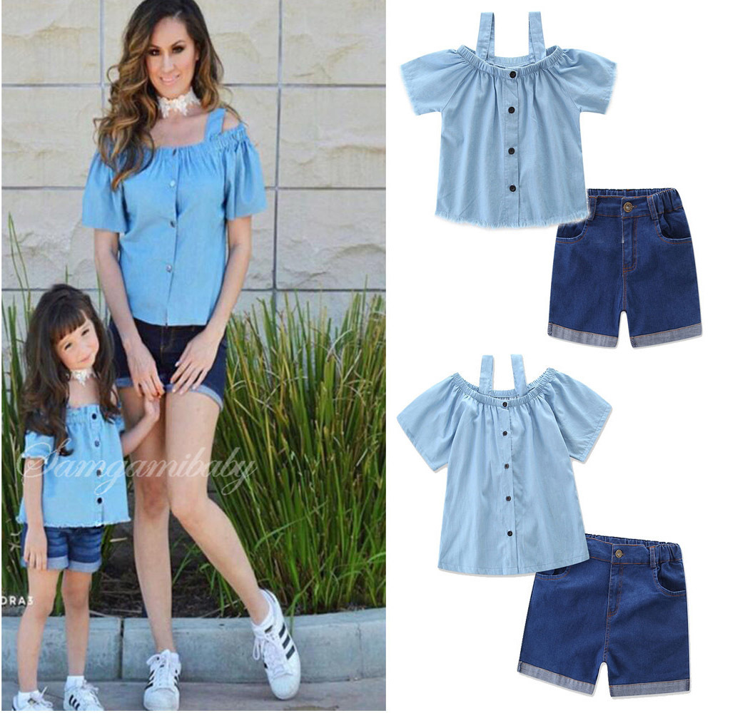 Mother Daughter Matching Outfits (Cold Shoulder Top & Denim Shorts) (Mom Size 8)