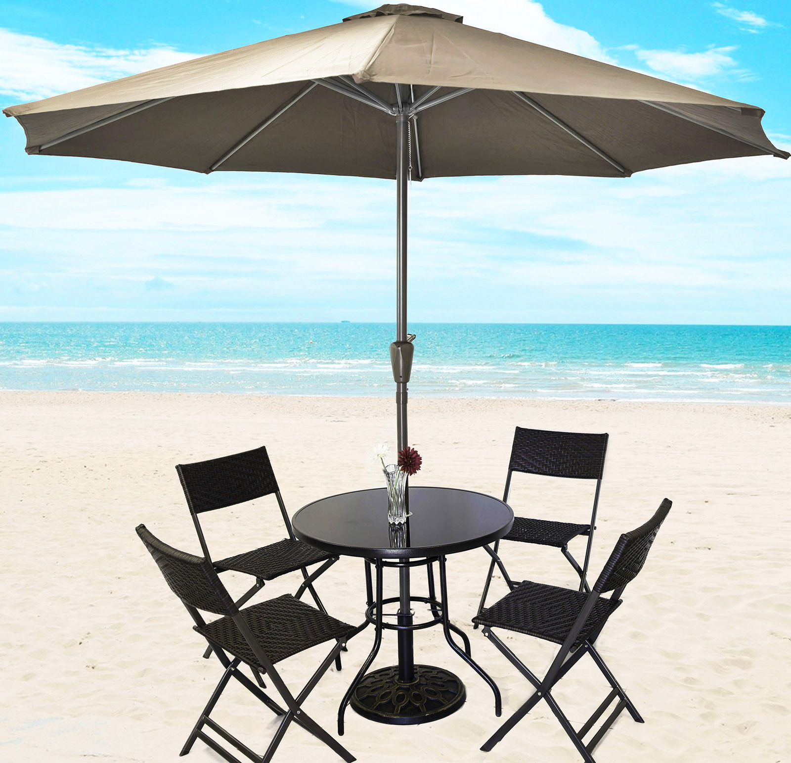 Alfresco 7 Piece Outdoor Setting (Beige Umbrella & Stand, 4 Rattan Chairs, Round Table)