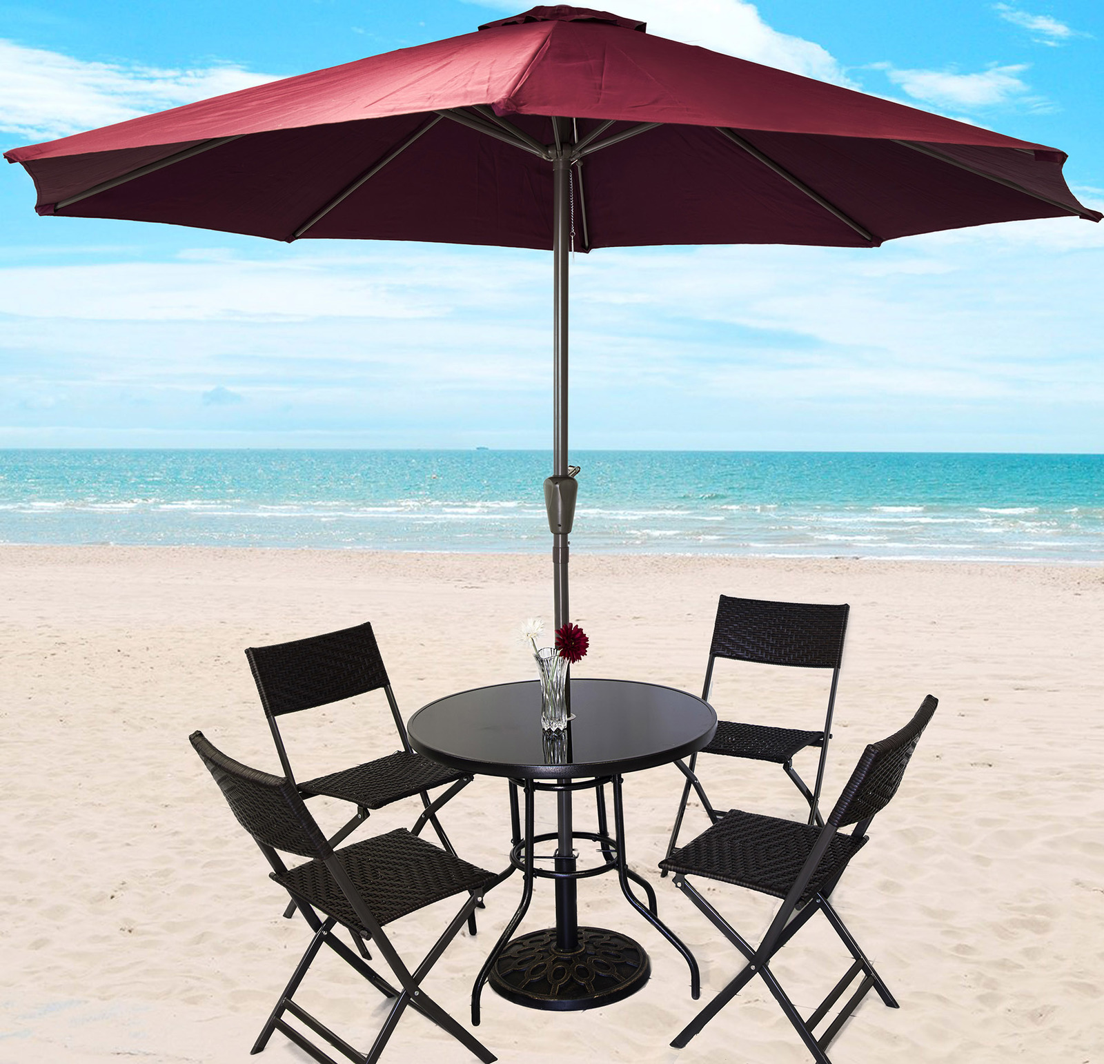 Alfresco 7 Piece Outdoor Setting (Maroon Umbrella & Stand, 4 Rattan Chairs, Round Table)