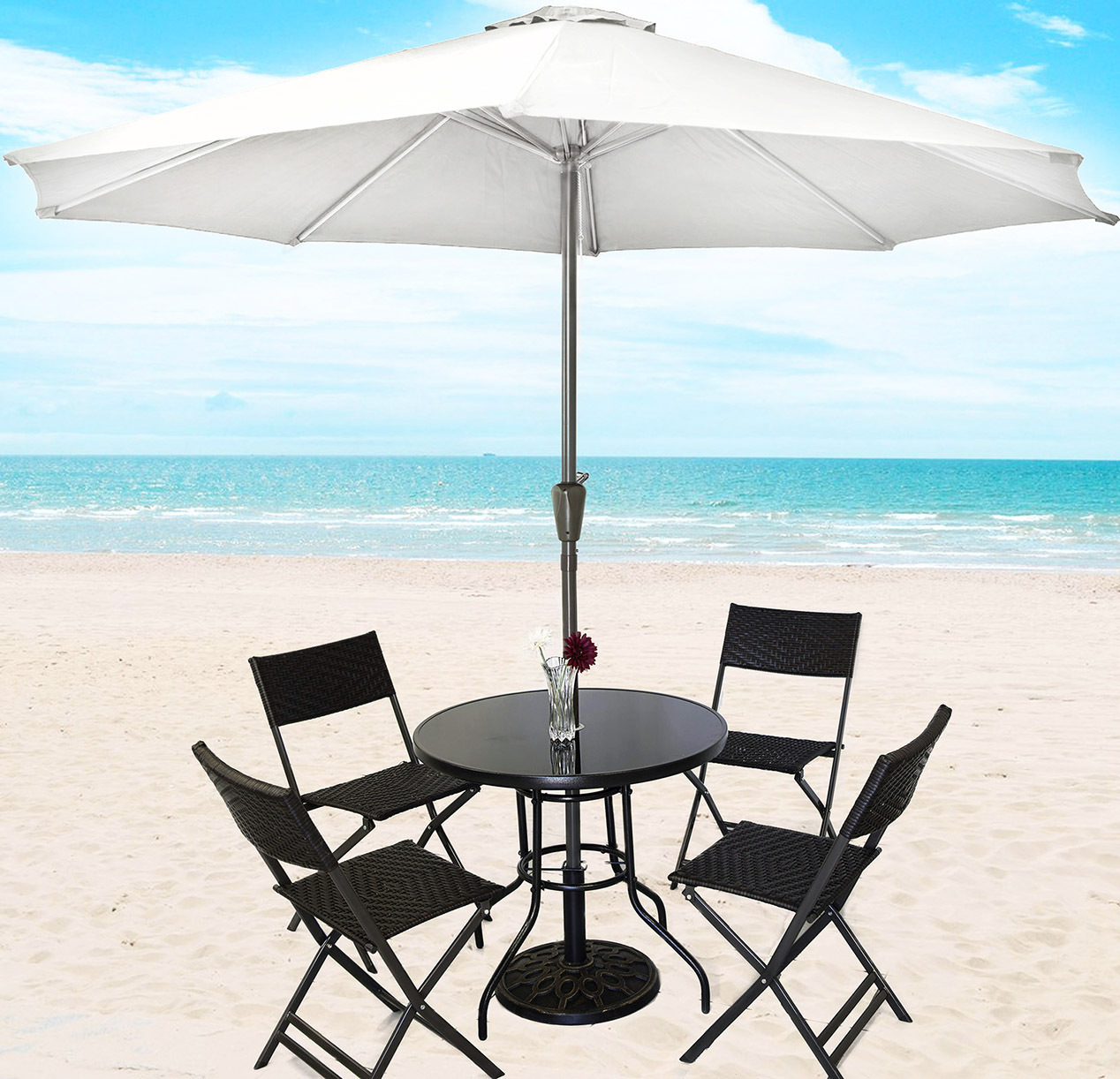 Alfresco 7 Piece Outdoor Setting (White Umbrella & Stand, 4 Rattan Chairs, Round Table)