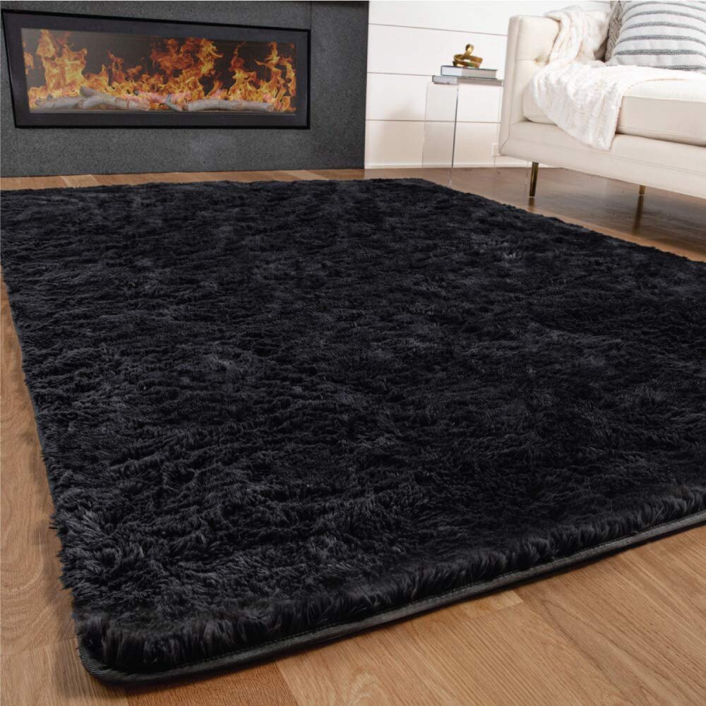 XL Extra Large Plush Luxury Shag Rug Carpet Mat (Black, 200 x 300cm)