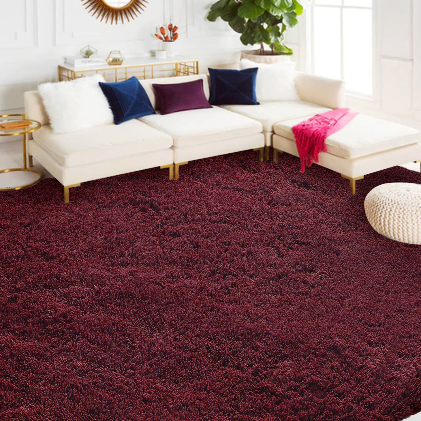 XL Extra Large Soft Shag Rug Carpet Mat (Wine, 300 x 200)