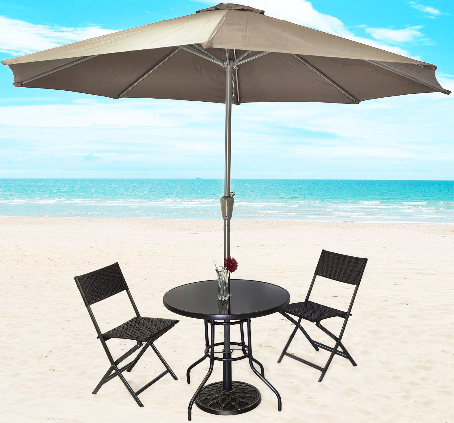 Alfresco 5PC Outdoor Setting (Beige Umbrella & Stand, 2 Rattan Chairs, Round Table)