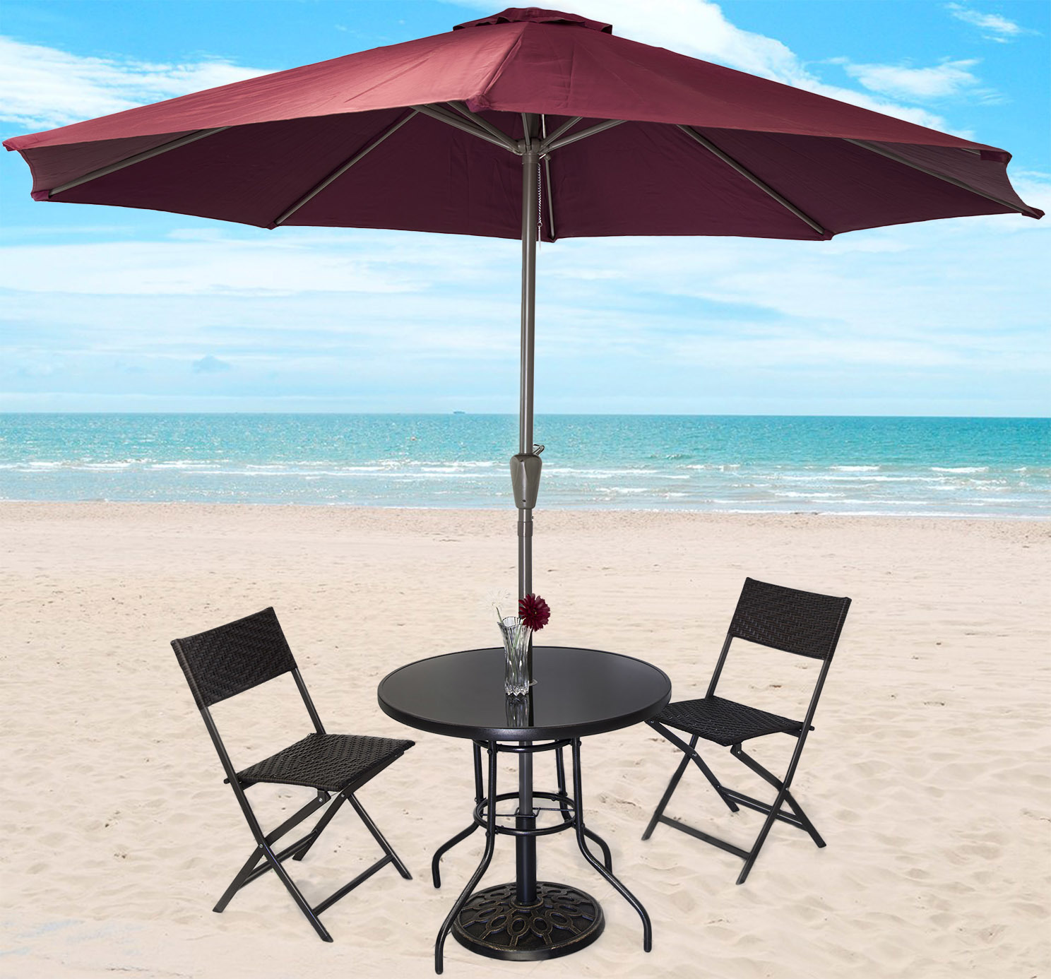 Alfresco 5PC Outdoor Setting (Maroon Umbrella & Stand, 2 Rattan Chairs, Round Table)