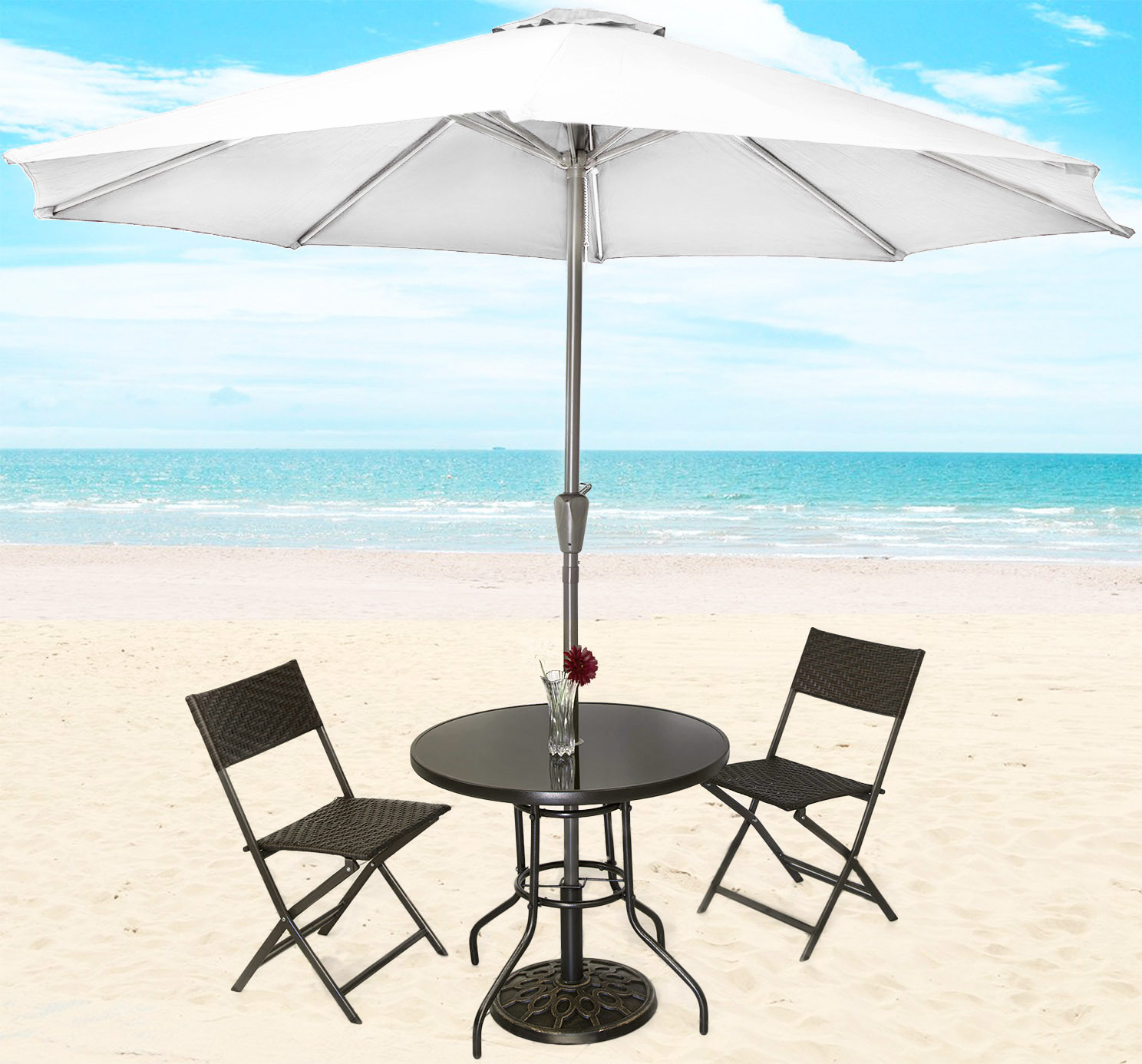 Alfresco 5PC Outdoor Setting (White Umbrella & Stand, 2 Rattan Chairs, Round Table)