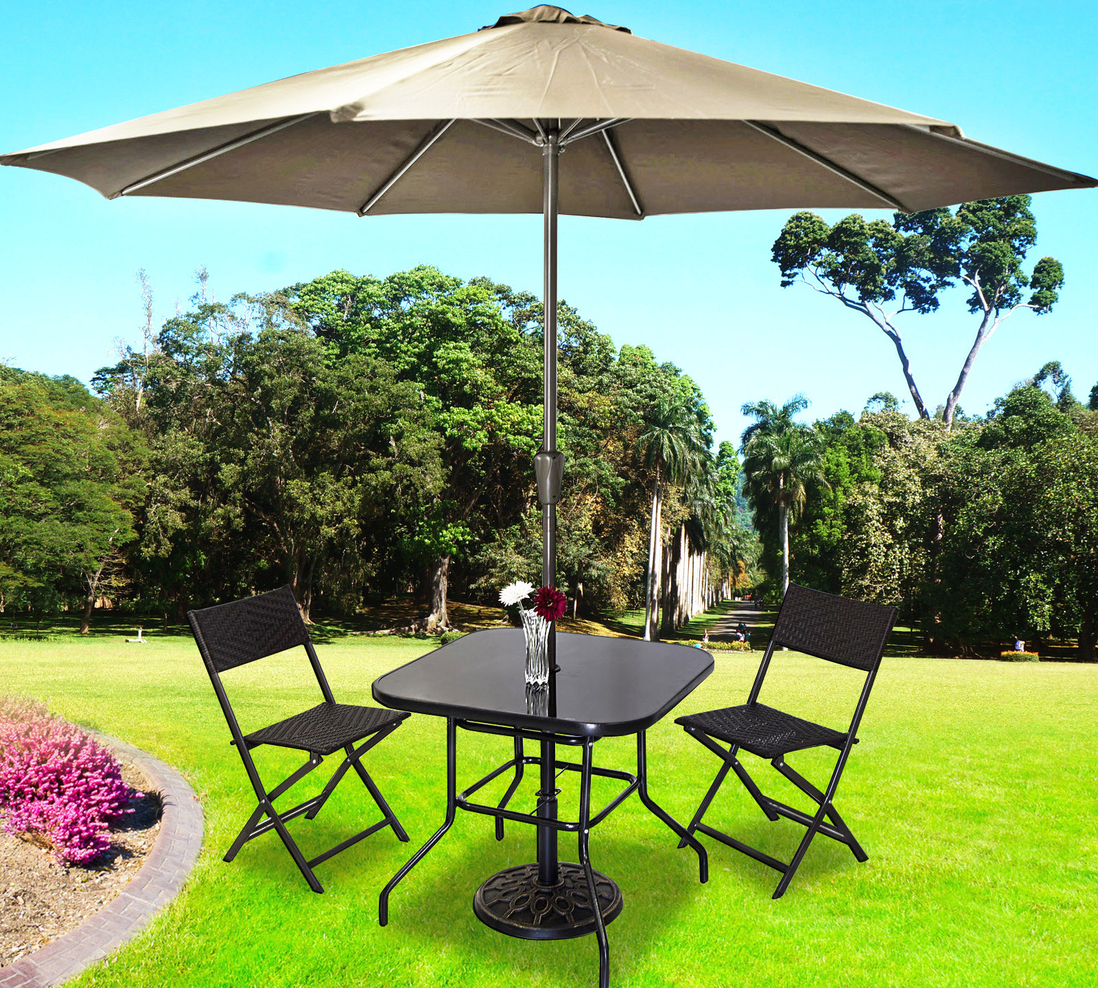 Alfresco 5PC Outdoor Setting (Beige Umbrella & Stand, 2 Rattan Chairs, Square Table)