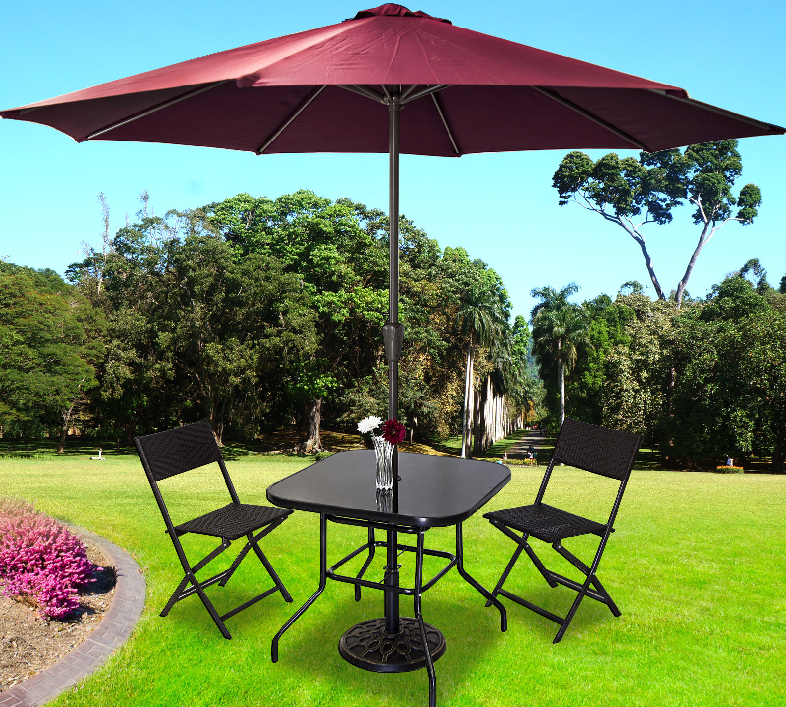 Alfresco 5PC Outdoor Setting (Maroon Umbrella & Stand, 2 Rattan Chairs, Square Table)