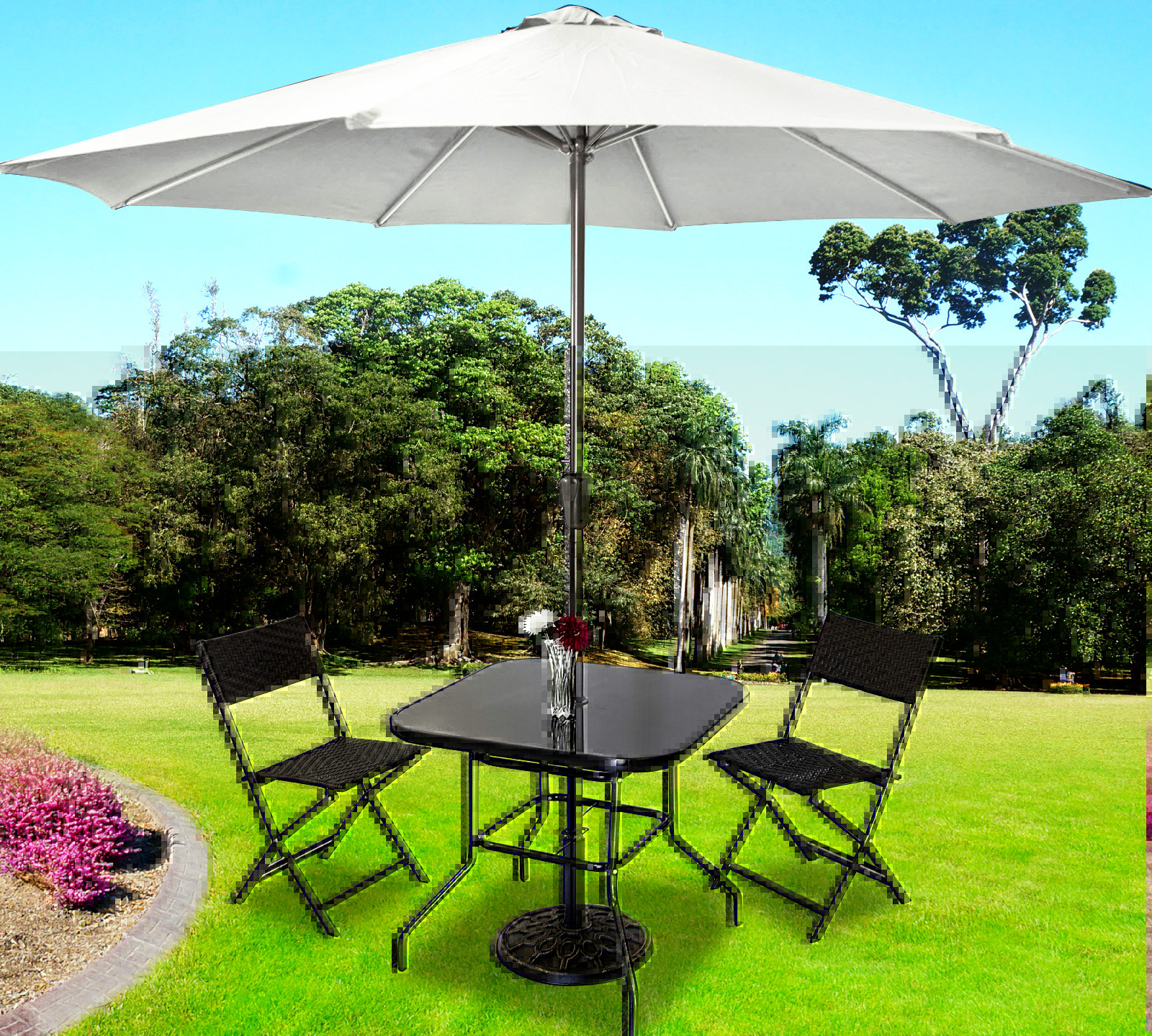 Alfresco 5PC Outdoor Setting (White Umbrella & Stand, 2 Rattan Chairs, Square Table)