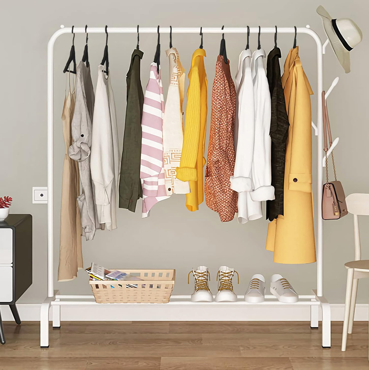 Large Coat Hanging Stand Wardrobe Clothes Hanger Rack (White)