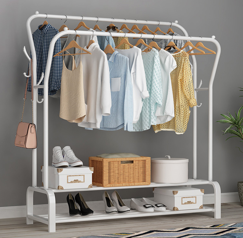 Large Wide Double 2-Tier Coat Hanging Stand Wardrobe Clothes Hanger Rack (White)