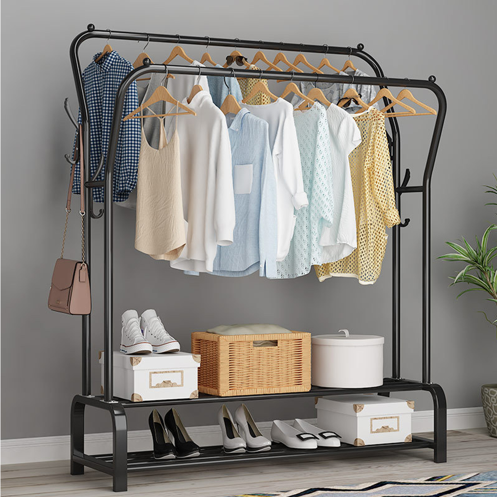 Large Double 2-Tier Coat Hanging Stand Wardrobe Clothes Hanger Rack