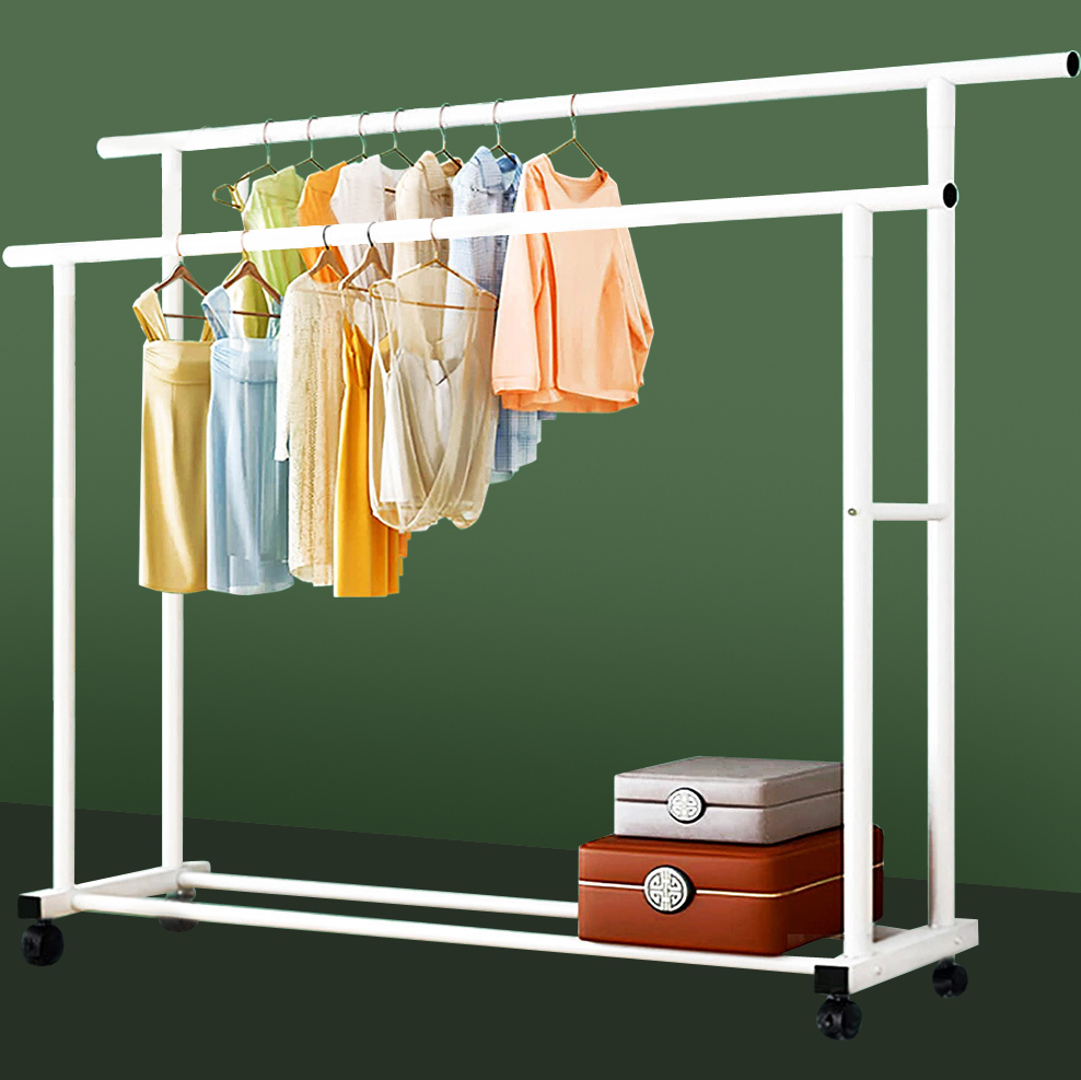 Large 1.5m Wide Double Coat Hanging Stand Wardrobe Clothes Hanger Rack (White)