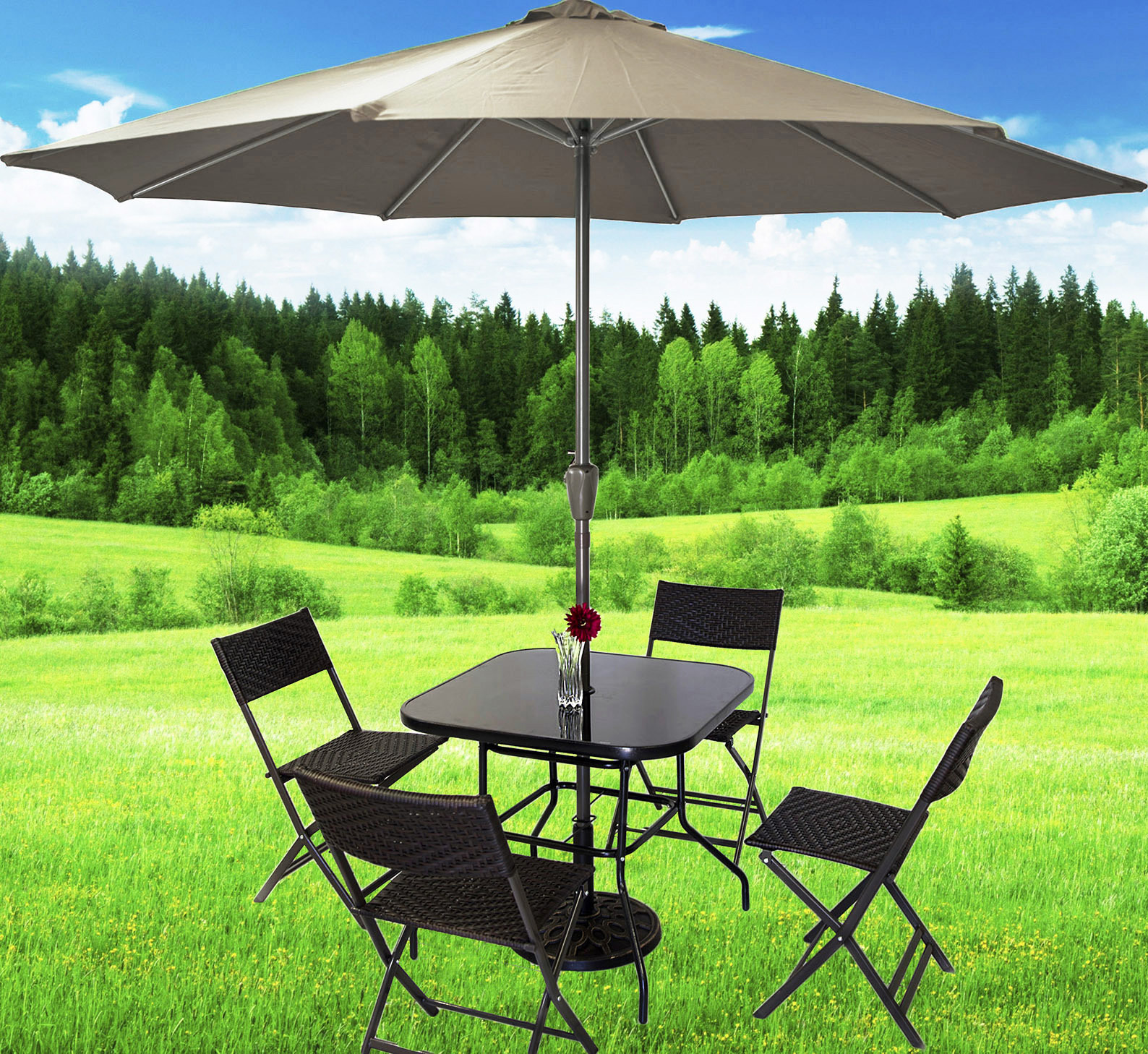 Alfresco 7 Piece Outdoor Setting (Beige Umbrella & Stand, 4 Rattan Chairs, Square Table)