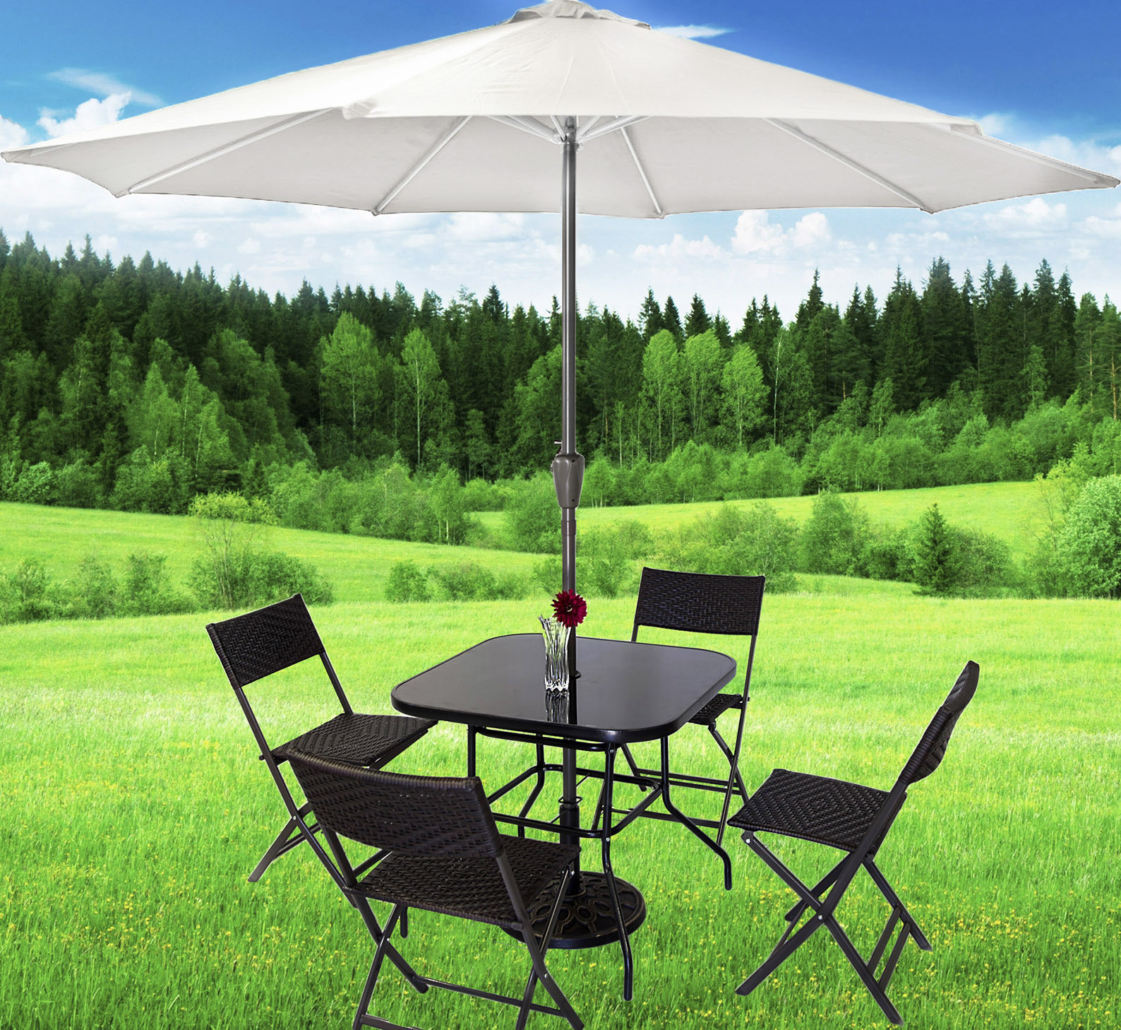 Alfresco 7 Piece Outdoor Setting (White Umbrella & Stand, 4 Rattan Chairs, Square Table)