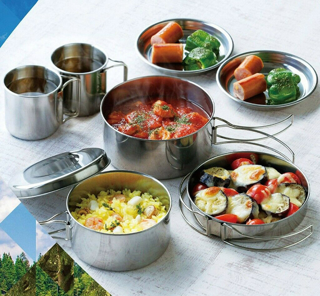 8-Piece Stainless Steel Camping Cookware Pots Pans Plates Mugs Set