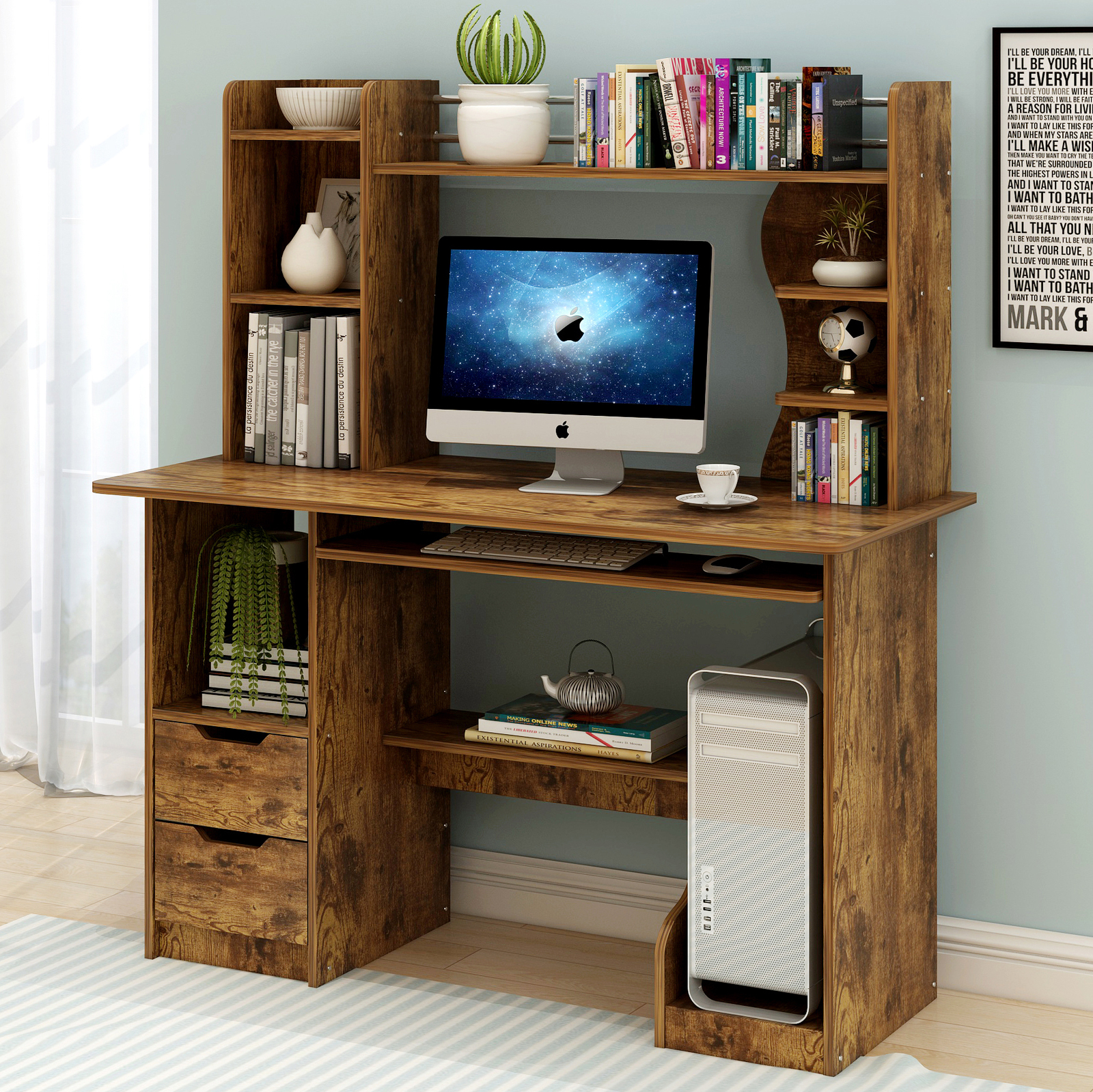Expert Computer Desk Workstation with Shelf & Cabinet (Rustic Wood)