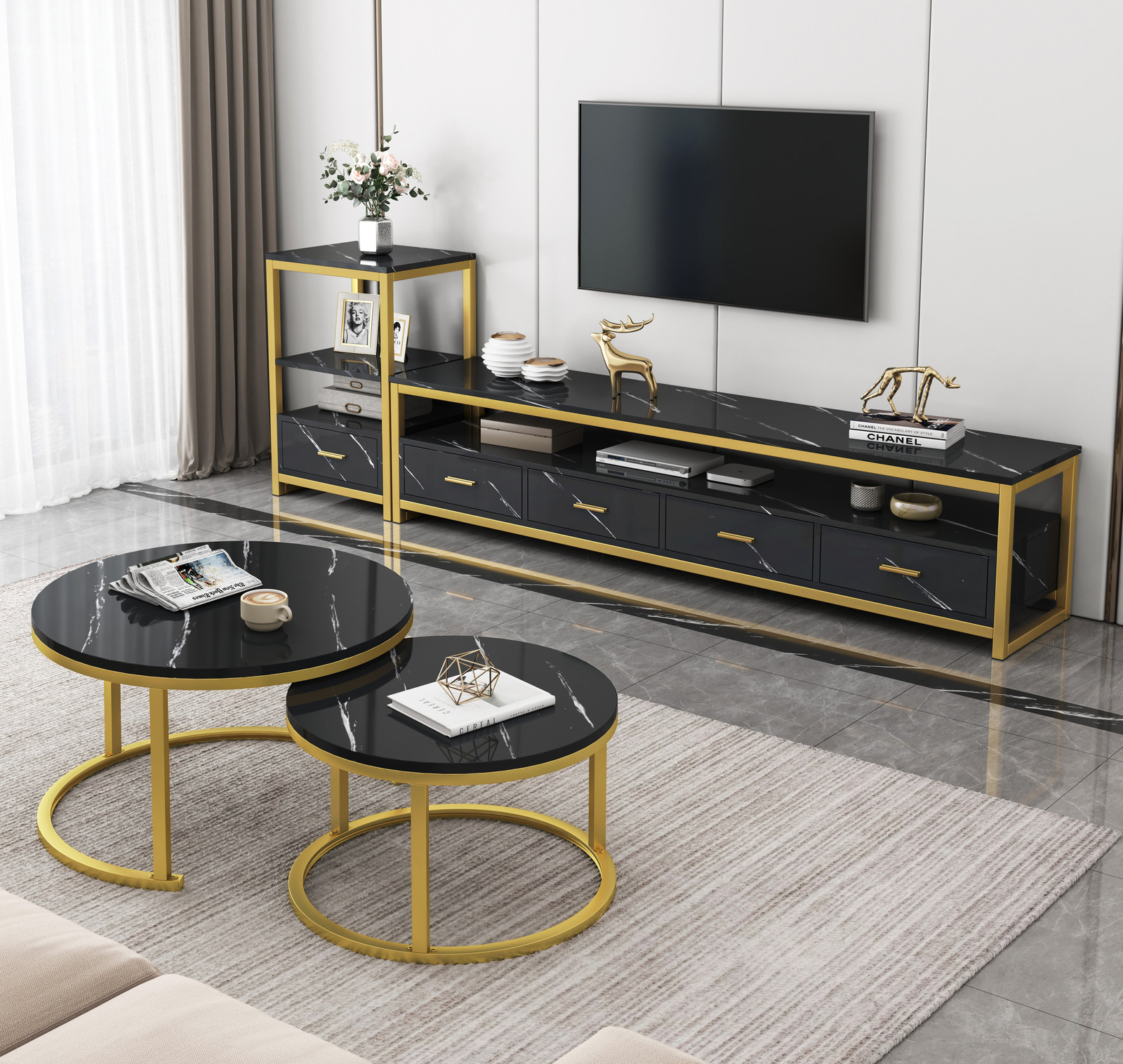 3-Piece Set Synergy Luxury Marble Look Coffee Table, TV Cabinet & Side Table (Black)