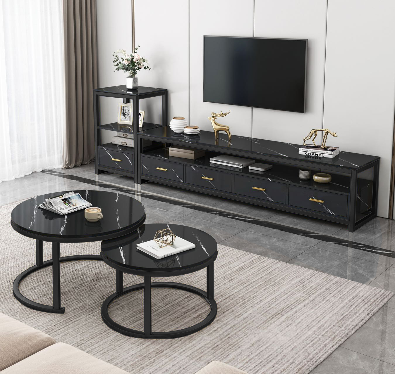 3-Piece Set Synergy Luxury Marble Look Coffee Table, TV Cabinet & Side Table (Black)