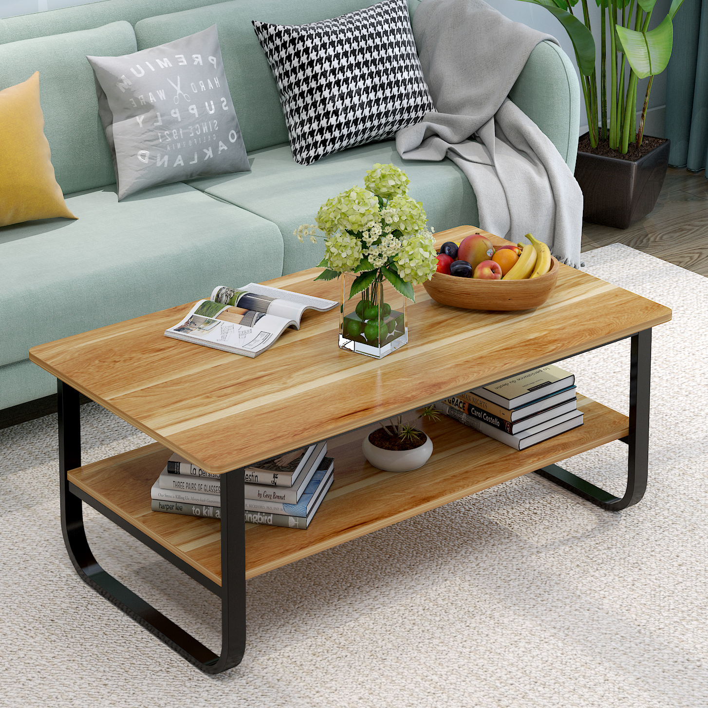 Elegance Wood & Steel Coffee Table with Shelf (Black and Oak)