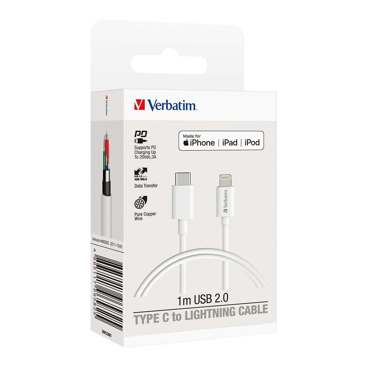 Verbatim Charge & Sync Lightning to USB-C Cable 1m - White															