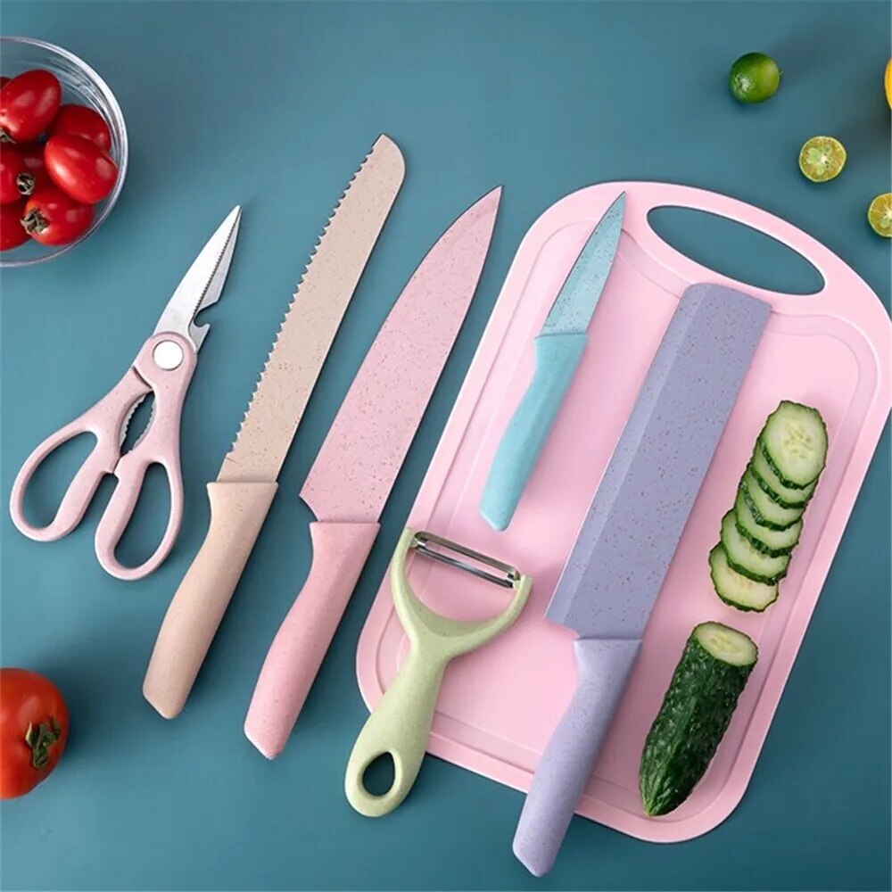 7 PCS Deluxe Eco-friendly Pastel Colourful Kitchen Utensil Knife Cutting Board Set