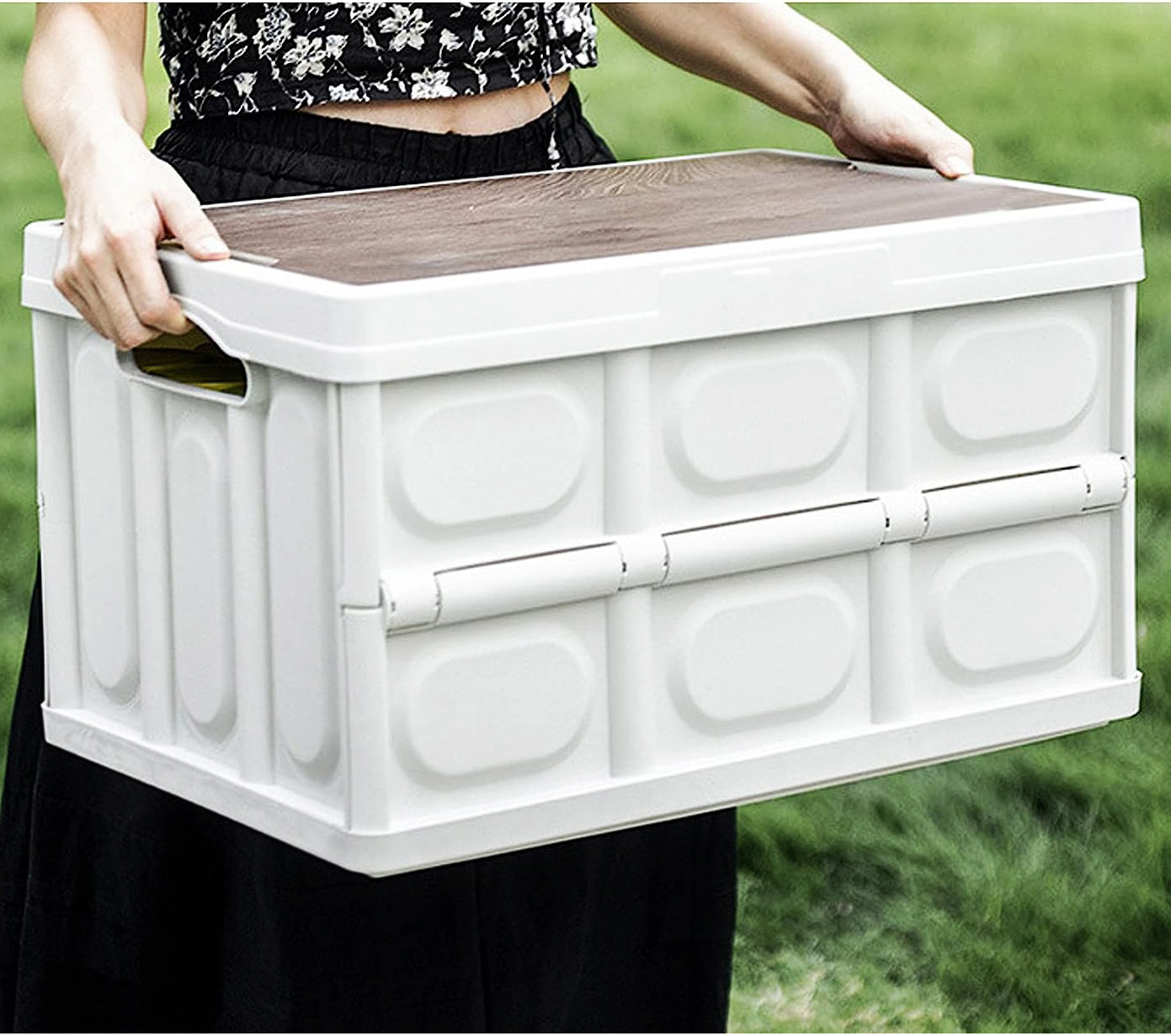 Large Portable Folding Outdoor Storage Box Garden Deck Container Organiser (56L, White & Wood)