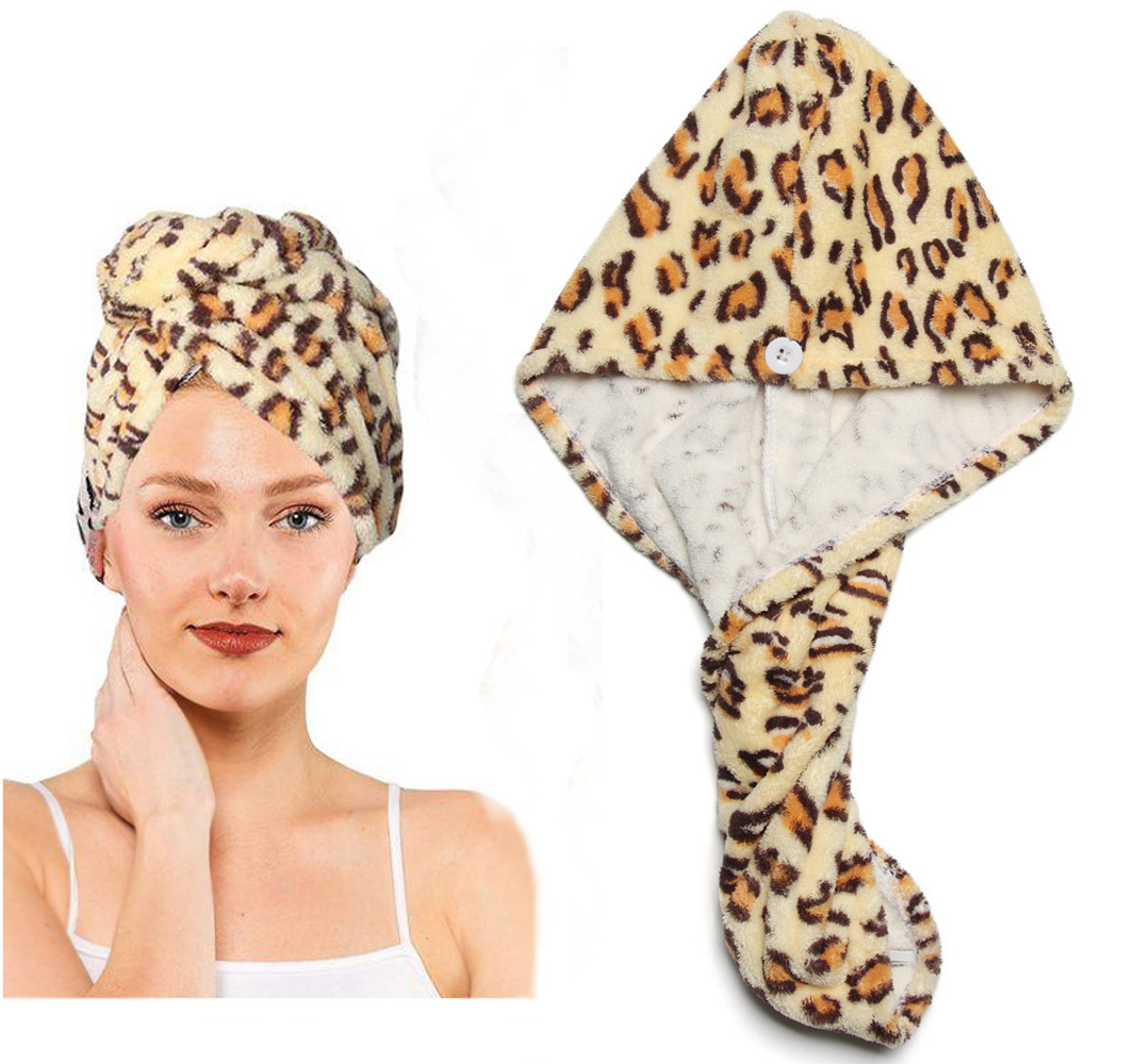 Fast Dry Microfiber Hair Drying Towel Turban Bath Head Wrap Hat Spa Cap (Leopard)