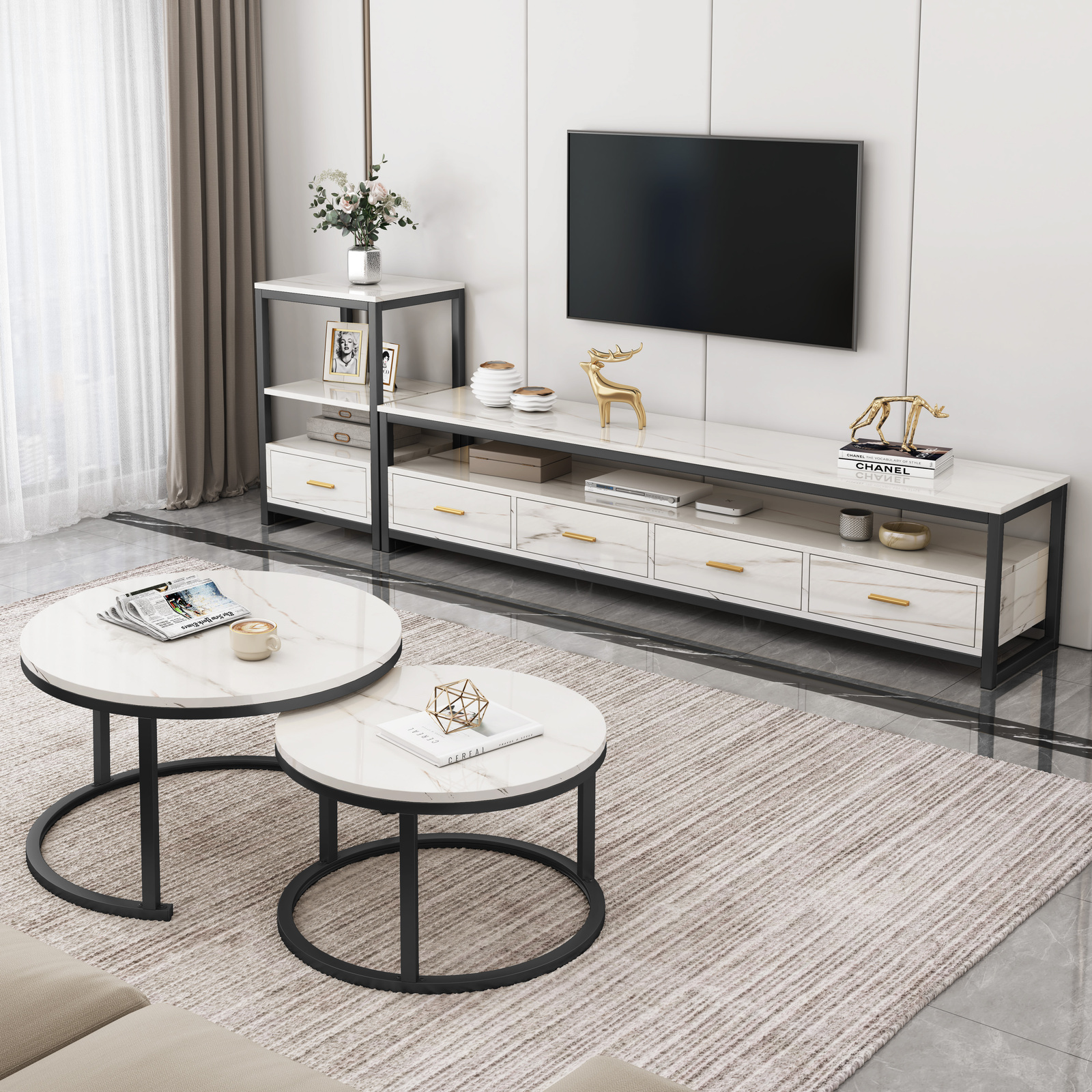 3-Piece Set Synergy Luxury Marble Look Coffee Table, TV Cabinet & Side Table (White)