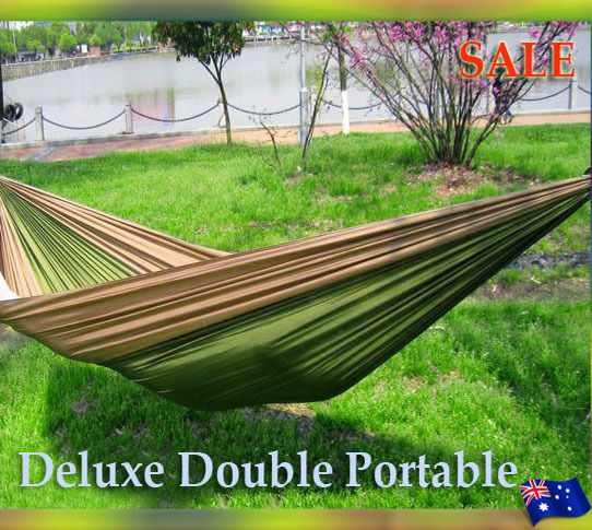 Deluxe Double Portable Fabric Hammock with Ropes Outdoor Travel Camping (Coffee & Green)