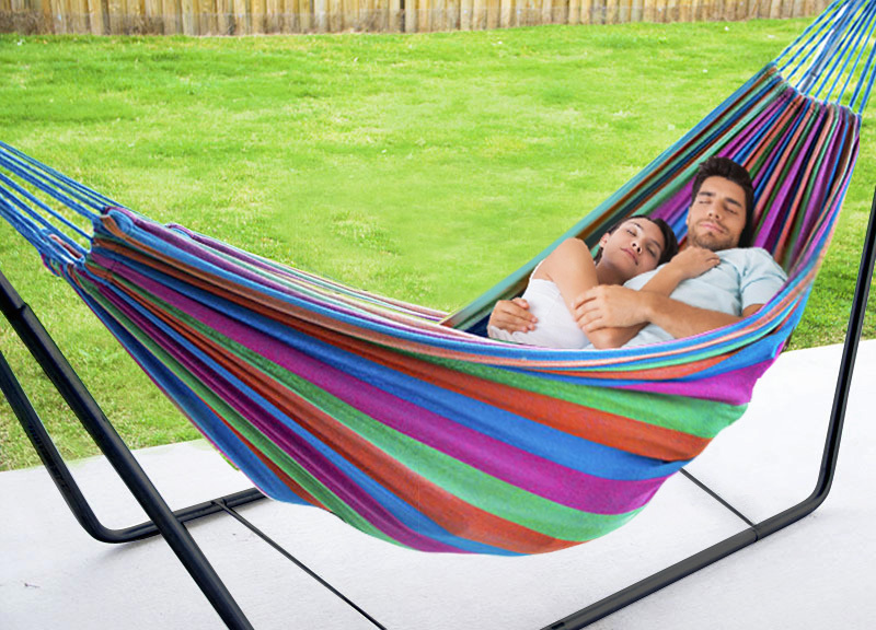 Deluxe Double Hammock and Premium Steel Stand Combo Set (Colourful Stripes)
